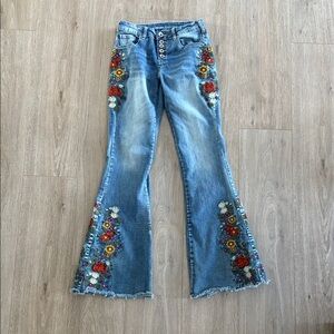Cowgirl Tuff Blue Floral Embroidered Flare Jeans